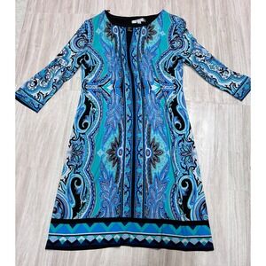 Sandra Darren Teal Blue Paisley Print Sheath Dress 3/4 Sleeve Size 6P